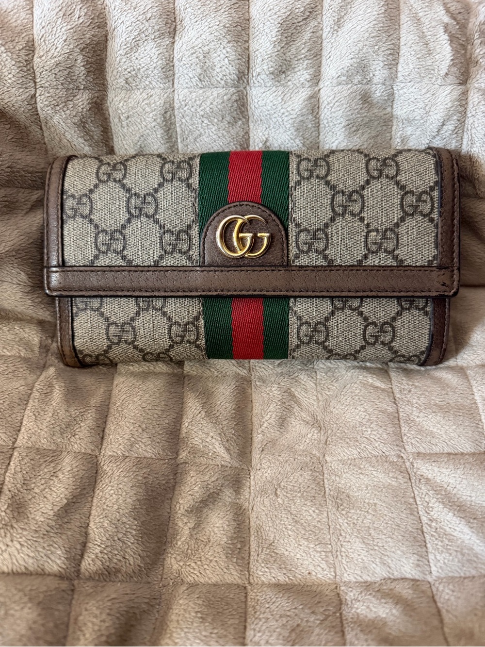 GUCCI Brown GG Monogram Canvas Long Wallet, Green and Red Sherryline & Gold Logo